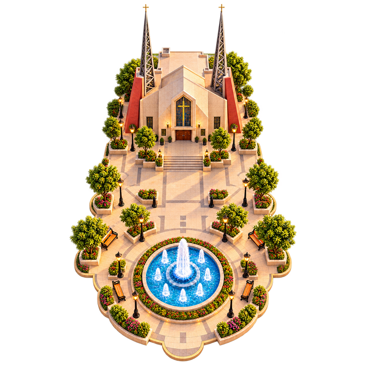 Vista aérea ilustrada de Plaza del Santuario